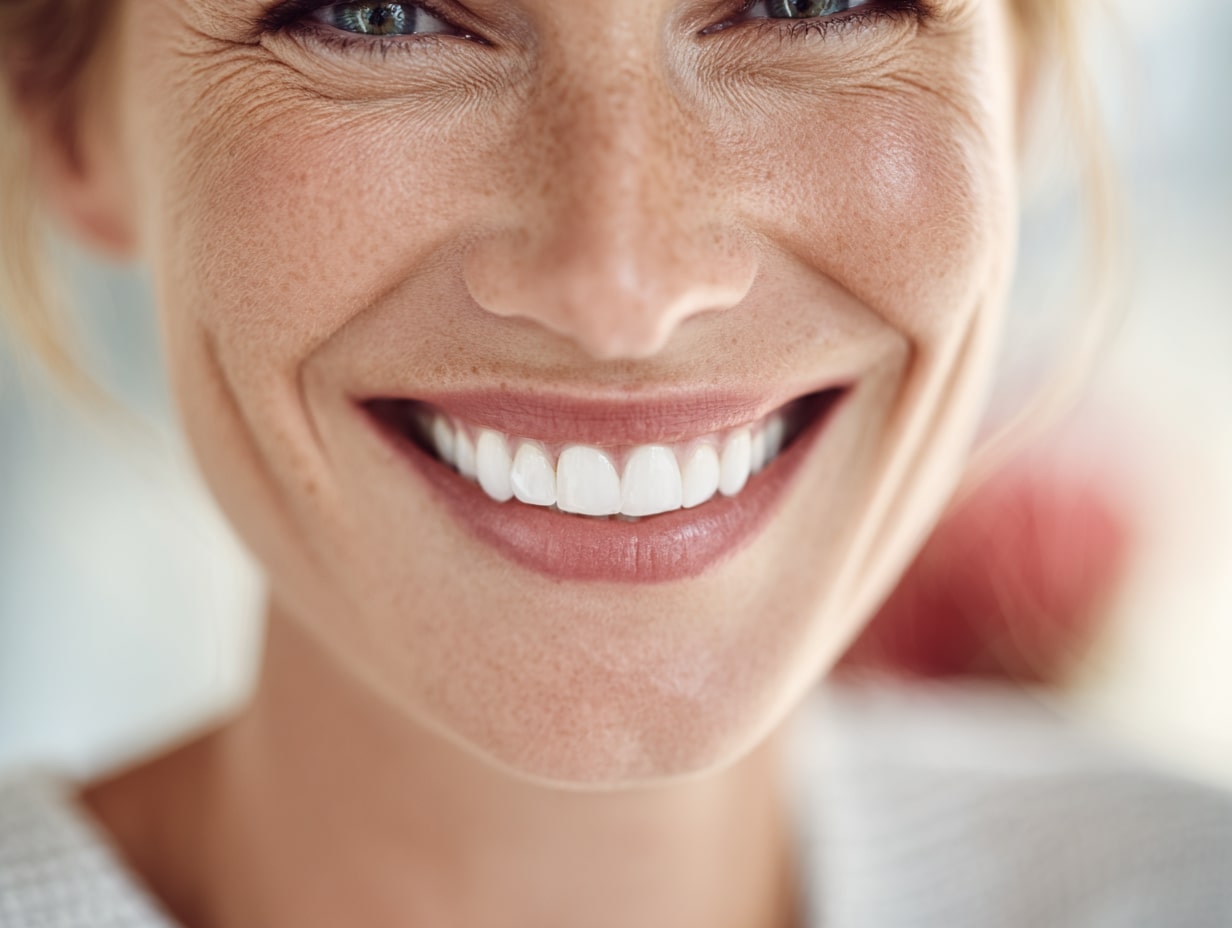 Junge Frau mit strahlend weißen Zähnen. Zahnästhetik in Seelze – Individuelle Lösungen für Ihr Lächeln in unserer Region.